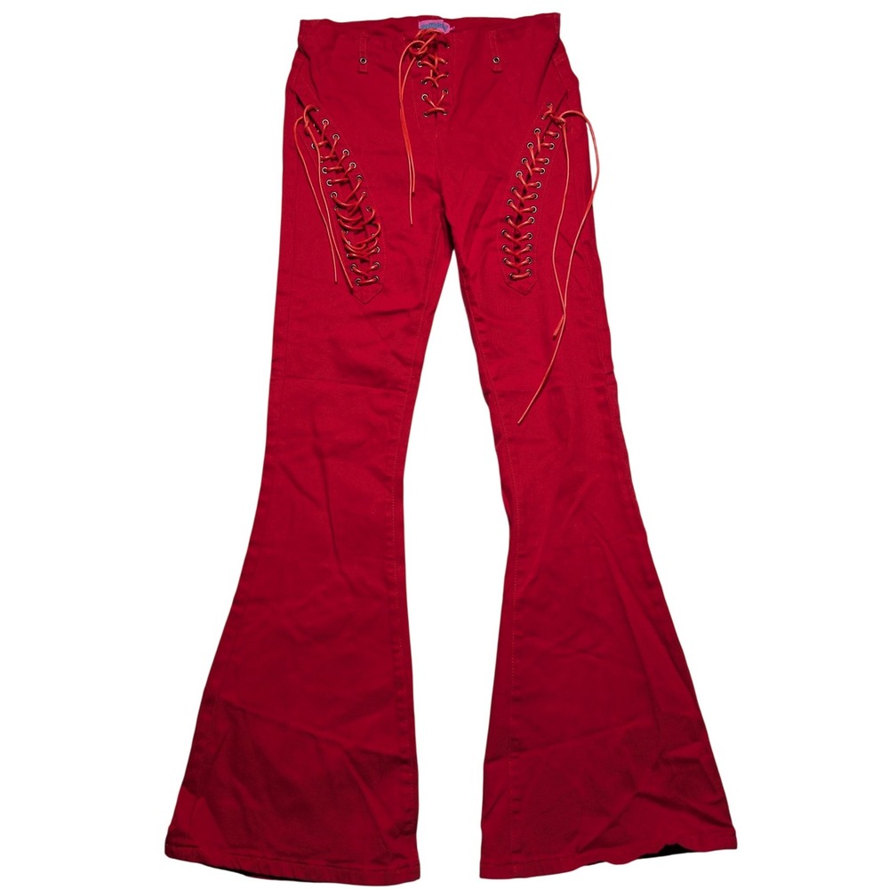 Edikted Red Triple Lace Up Flare Bell Bottom Pants Womens Large BOHO Y2K EUC